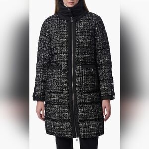 Black & White Tweed Long Puffer Coat